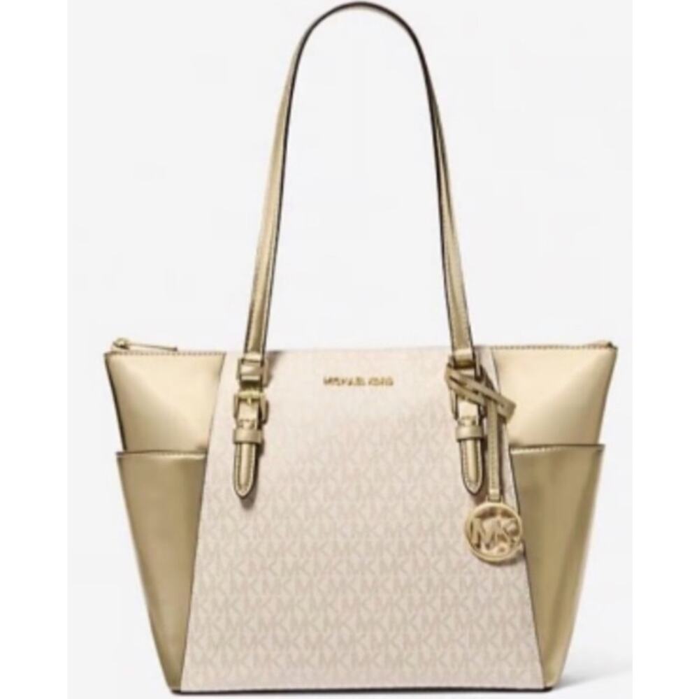 Michael Kors Charlotte Large Tote Signature Logo Print Pale Gold Sides New!
